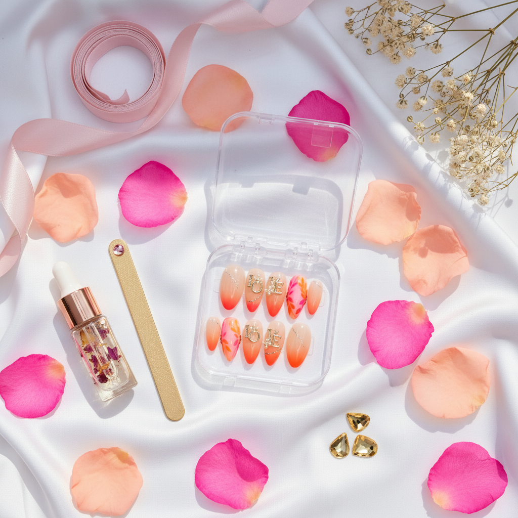 corail, nail art floral, finition glossy