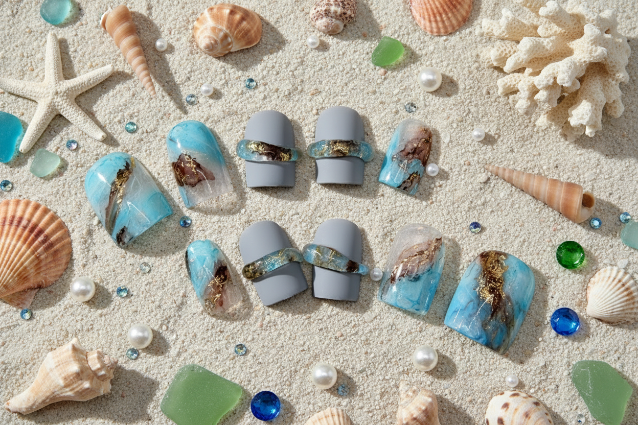 Sea — Flat lay stylisé fond sable coquillages