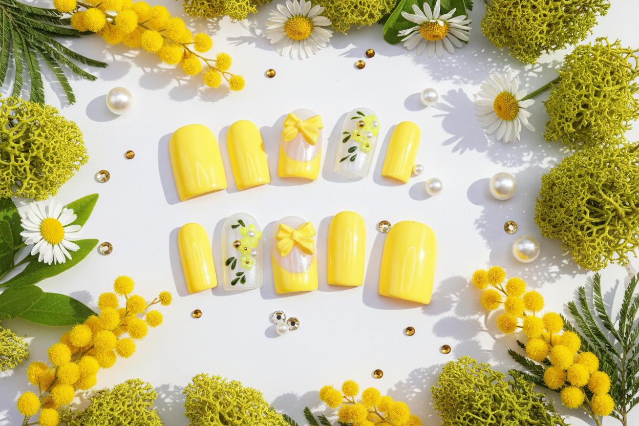Bouton d'Or - ongles press-on jaune mat ambiance printemps jardin